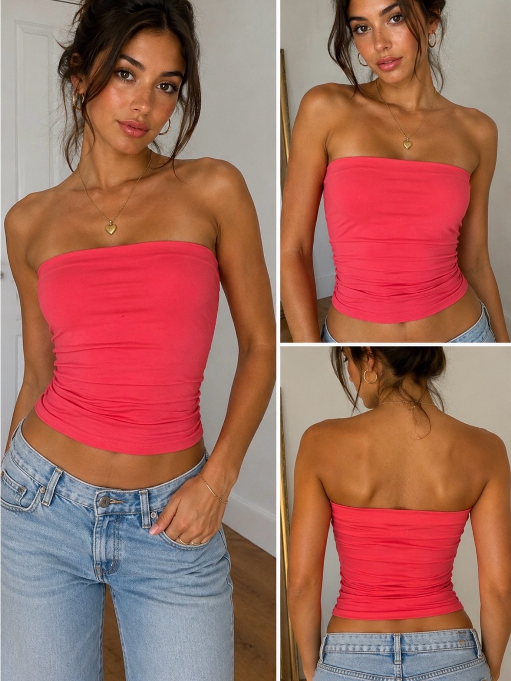 Vintage Embellish Hot Pink Ruched Strapless Tube Top Made in USA Size M
